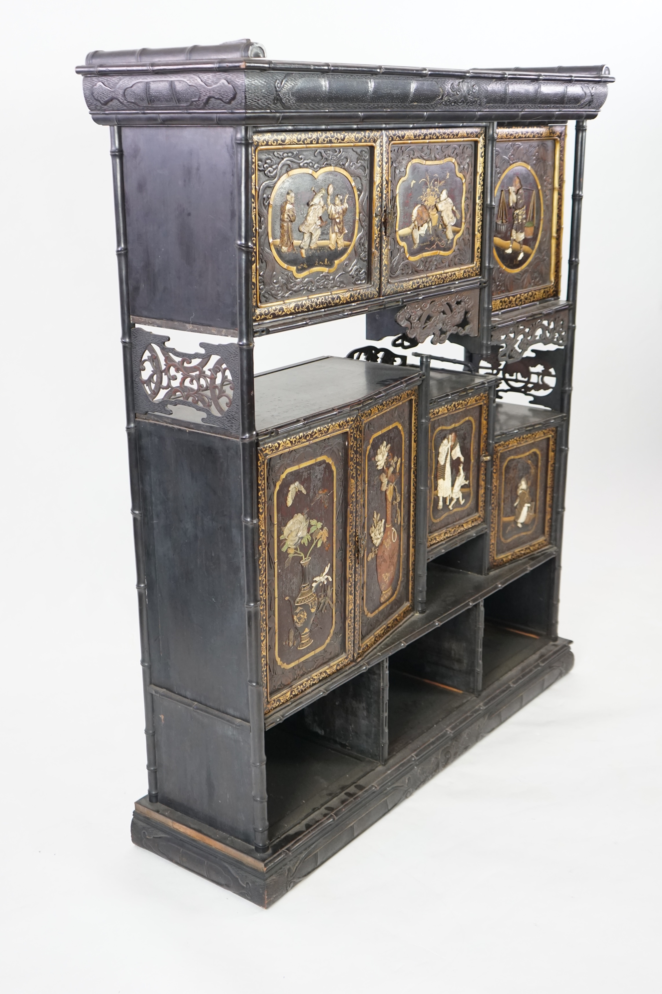 A Japanese Shibayama style inlaid wood cabinet, Meiji period